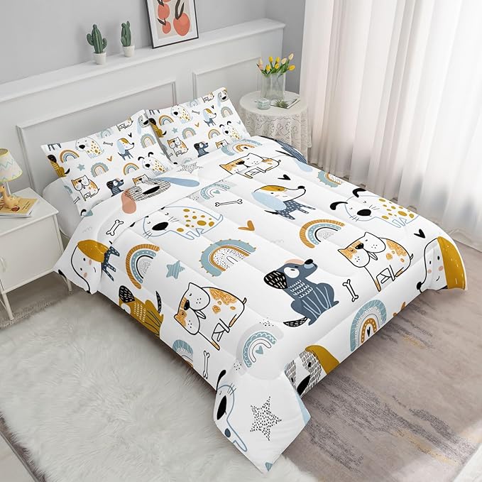 Datura home Kawaii Dogs Comforter Set Cute Dogs and Rainbow Printed Quilt Bedding Set with 1 Comforter and 2 Pillowcases for Boys and Girls Bedroom All Season(Dogs Full)
