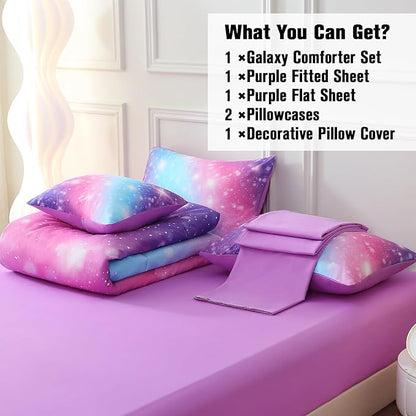 JQinHome Glitter Bedding Set Twin Size,6 Piece Bed in A Bag 3D Colorful Rainbow Galaxy Comforter Set for Girls Kids-All Season Microfiber Tie-Dye Bedding Sets(Blue Purple)