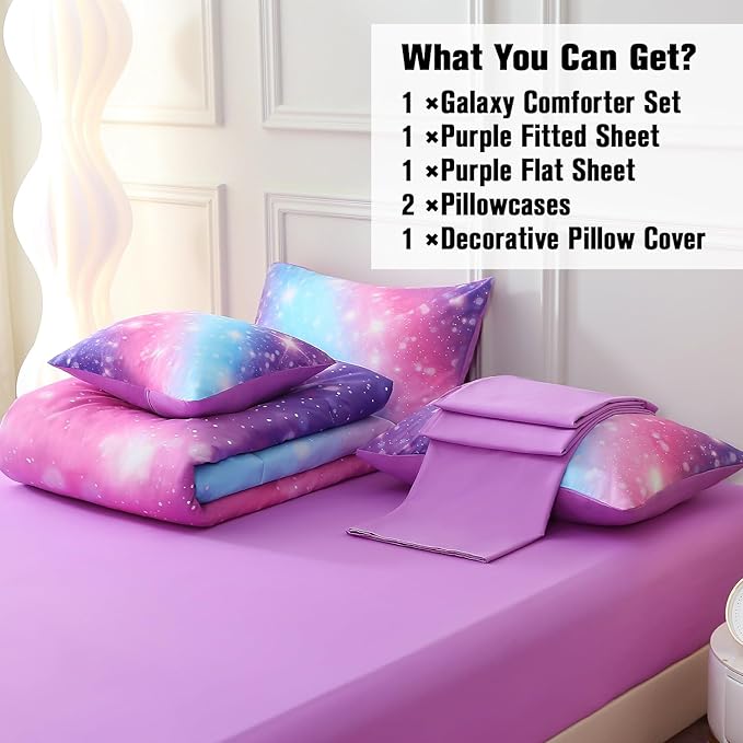 JQinHome Glitter Bedding Set Full Size,6 Piece Bed in A Bag 3D Colorful Rainbow Galaxy Comforter Set for Girls Kids-All Season Microfiber Tie-Dye Bedding Sets(Blue Purple)