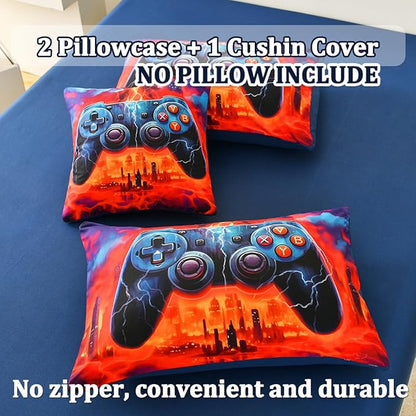 Game Console Twin Comforter Set with Sheets, Microfiber 6 Pcs Bed in A Bag Twin Size Gamer Bedding Set for Boys Kids Teens