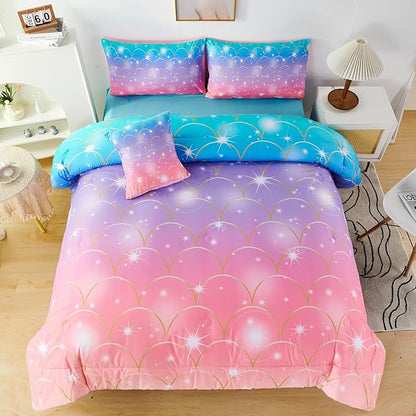 PERFEMET Mermaid Comforter Set for Girls 6 Pieces Rainbow Glitter Twin Size Kids Bedding Set Purple Pink Ombre Mermaid Scale Print Bed in A Bag Comforter Set with Sheets
