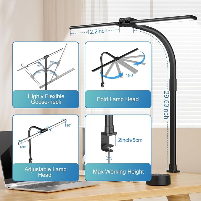 LED Desk Lamp with Clamp, Wireless Remote Control Dimming Stepless Architect Desk Lamps for Home Office, 25 Lighting Modes Adjustable LED Table Lamp, Study Eye-Caring Dual Head Gooseneck Lamp for Desk
