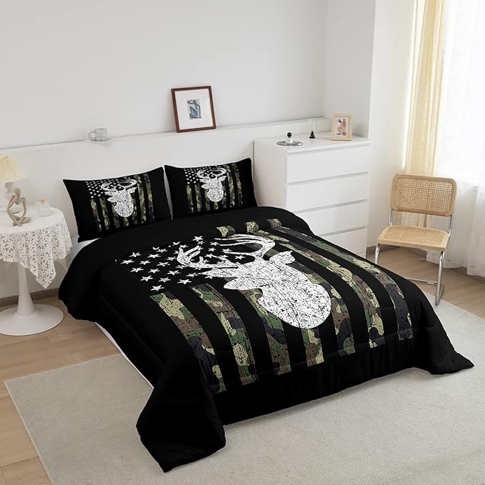 American Flag Comforter Set,Deer Hunting Down Comforter King,Army Green Military Camo Bedding Set For Boys Teens Kids Man,Western Farmhouse Stars Stripes Bedding Quilt Set Bedroom Decor 3 Pcs