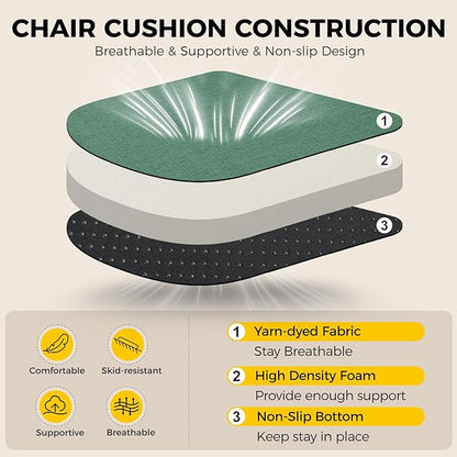 downluxe Indoor Chair Cushions for Dining Chairs, Soft and Comfortable Textured Foam Kitchen Chair Pads with Ties and Non-Slip Backing, 16" x 16" x 2", Dark Green, 6 Pack