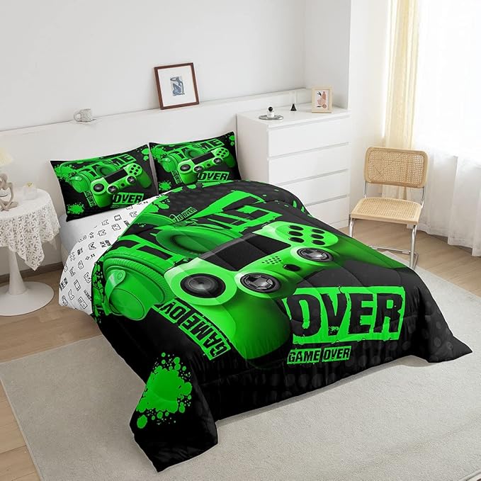 Feelyou Gamer Comforter Sets for Boys Teens Gaming Comforter King Size Kids Video Game Comforter Set Green Black Room Decor Headphone Gamepad Bedding Set Reversible Quilt for All Season 3Pcs Boys