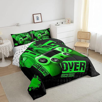 Feelyou Gamer Comforter Sets for Boys Teens Gaming Comforter King Size Kids Video Game Comforter Set Green Black Room Decor Headphone Gamepad Bedding Set Reversible Quilt for All Season 3Pcs Boys