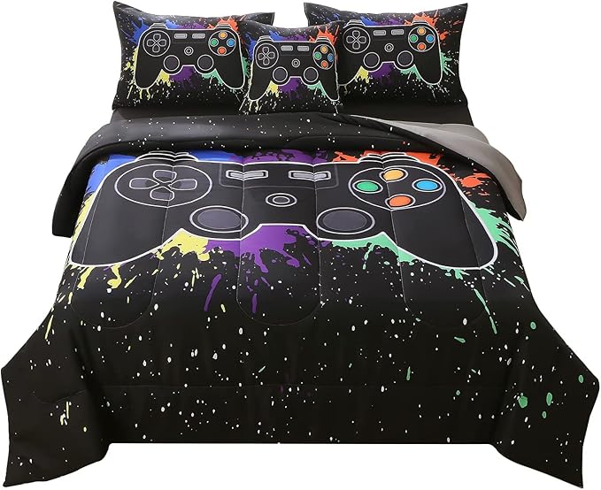 JQinHome Queen Gamer Comforter Sets for Boys&Girls,6 Piece Bed in A Bag 3D Video Game Bedding -All Season Microfiber Gamer Bedding Sets for Kids, with Pillowcase, Flat & Fitted Sheet,Cushion Cover