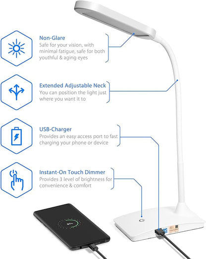 TW Desk Lamps for Home Office - Super Bright Small Desk Lamp with USB Charging Port, a Perfect LED Desk Light as Study Lamp, Bedside Reading Lights, White