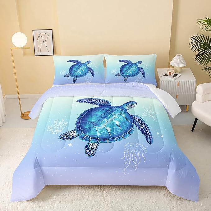 Turtle Comforter Full Size,Ocean Comforter Set for Kids Teens Girls Boys,3Pcs Bedding Set Printed Comforter with 2 Pillowcases,Down Alternative,Soft and Lightweight(Blue，Full Size)