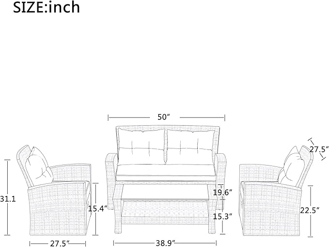 4-Piece Rattan Patio Furniture Sets, All Weather Outdoor Sectional Sofa Loveseat with Ottoman,Soft Cushions&Glass Table w/Shelf, Wicker Conversation Couch for Garden Backyard, Onesize, Gray