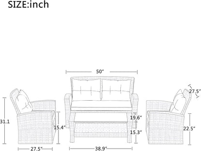 4-Piece Rattan Patio Furniture Sets, All Weather Outdoor Sectional Sofa Loveseat with Ottoman,Soft Cushions&Glass Table w/Shelf, Wicker Conversation Couch for Garden Backyard, Onesize, Gray