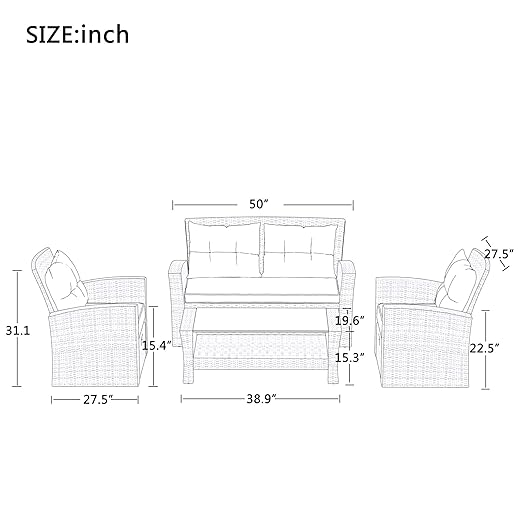Set, 4 Piece Outdoor Wicker Rattan Sectional Sofa with Glass Table, Ottoman and Soft Cushions, Front Porch Apartment Patio Furniture for Backyard Lawn Garden, Onesize, E-Gray-e