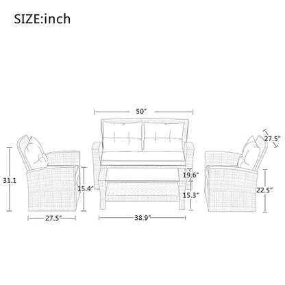 Set, 4 Piece Outdoor Wicker Rattan Sectional Sofa with Glass Table, Ottoman and Soft Cushions, Front Porch Apartment Patio Furniture for Backyard Lawn Garden, E-Beige b