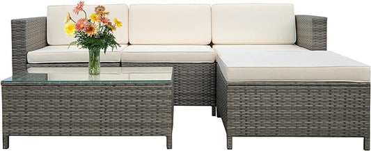 5 Piece Outdoor Patio Sectional Furniture Set, Weather Resistant Rattan Outside Couch, Waterproof Conversation Sofa for Balcony, Porch, Backyard, Deck, Garden,Beige