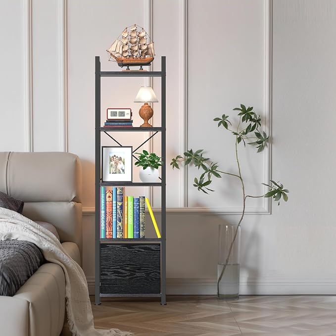 Narrow-Bookshelf-With-Storage-Drawer, 5-Tier Small Standing Book Shelf Organizer For Small Space, Tall Thin Bookcase Shelf For Bedroom Living Room Office, Wooden Shelving Unit Rack For Display