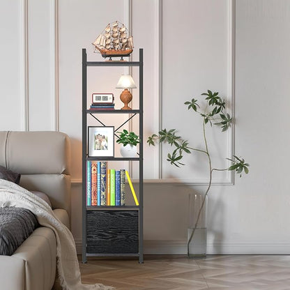 Narrow-Bookshelf-With-Storage-Drawer, 5-Tier Small Standing Book Shelf Organizer For Small Space, Tall Thin Bookcase Shelf For Bedroom Living Room Office, Wooden Shelving Unit Rack For Display