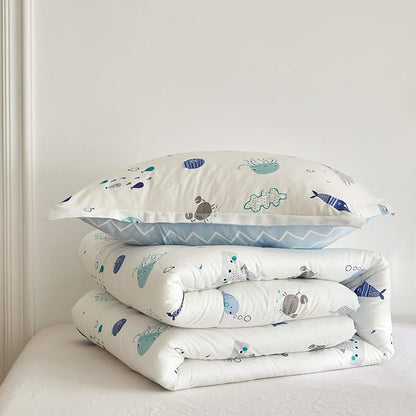 Joyreap 3pcs Premium Cotton Comforter Set for Kids Boys n Girls, Vibrant Ocean Theme Starfish Whale Crab Printed, Skin-friendly Breathable Bedding Comforter for All Season (Twin, 68x88 inches)