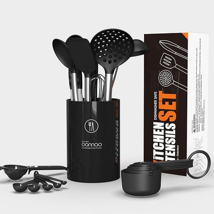 oannao Large Silicone Cooking Utensils Set - Heat Resistant Kitchen Utensils Sets,Spatula,Spoon,Turner Tongs,Whisk,Stainless Steel Cooking Utensil for Nonstick Cookware Dishwasher Safe (Black)