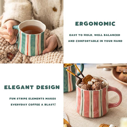 Striped Ceramic Coffee Mugs Set - 2 Pack, Pink & Green，Perfect for Morning Brew or Tea and Cocoa - for Coffee Lovers