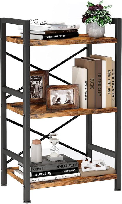 Bookshelf, 3 Tier Industrial Bookcase, Metal Small Bookcase, Rustic Etagere Book Shelf Storage Organizer for Living Room, Bedroom, and Home Office(Rustic Brown) Patent Pending D29873033