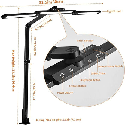 Desk Lamp with Hand-Sweep Sensor Desk Lamps for Home Office Desk Lamp with Clamp with 2 USB C+A Ports 24W LED Desk Light Clip On Desk Lamp with Timer, 3 Colors, 7 Brightness Dimmable Lamp For Desk