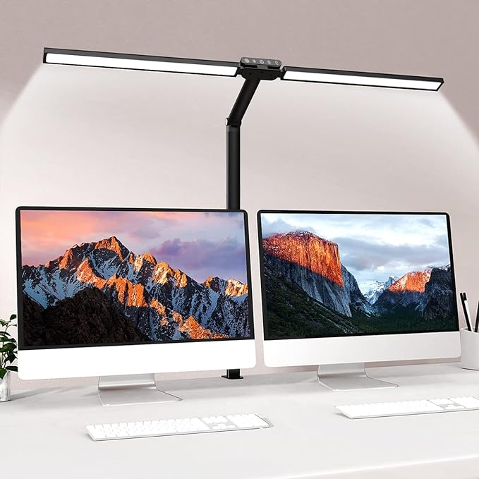 LED Desk Lamp with Clamp, Bravzurg 30.7in 24W Dual Light Source Table Lamps for Home Office with Light Sensor Function, 5 Modes and Dimmable, Eye Protection Clip Light for Study Monitor Studio Reading