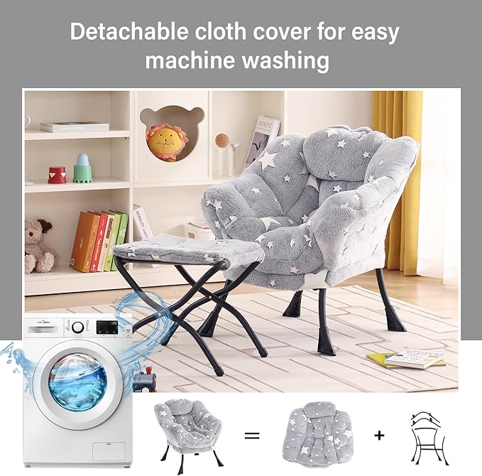 Welnow Toddler Kids Lazy Chair with Ottoman, Glow in The Dark Accent Comfy Lounge Children Armchair Couch with Removable Cover, Detachable Reading Chair with Footrest for Boy or Girl, Grey Star