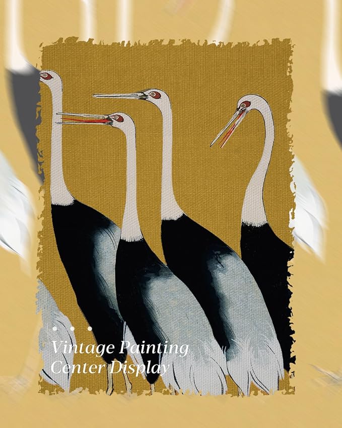 HUARCEY Gold Framed Vintage Wall Art for Living Room, Animals Painting Prints Shelf Decor for Kitchen, Aesthetic Bedroom Wall Art Decor, Christmas Gifts for Friends or Family (Seven Cranes 16"x24")
