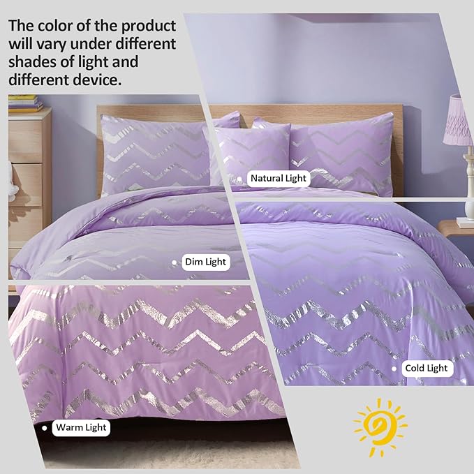 Purple/Silver Comforter Set King, Lavender Metallic Print Glitter Bedding Set Cute Shinny Lilac Bed Sets for Teen Girls Kids Women, 4 Piece (2 Pillowcases, 1 Decorative Pillow Sham)