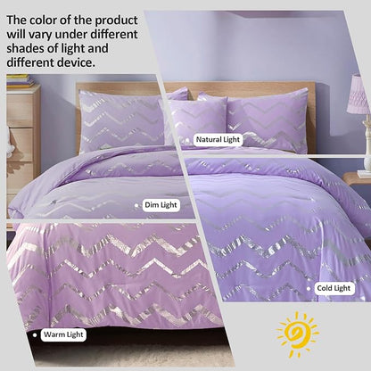 Purple/Silver Comforter Set King, Lavender Metallic Print Glitter Bedding Set Cute Shinny Lilac Bed Sets for Teen Girls Kids Women, 4 Piece (2 Pillowcases, 1 Decorative Pillow Sham)
