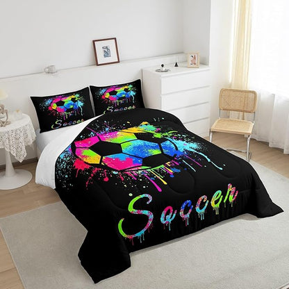 Kids Soccer Ball Game Comforter Set Full Size Football Bedding Set for Boys Girls Teens Bedroom Decor Rugby Sports Comforter American Football Player Duvet Set with 2 Pillow Case