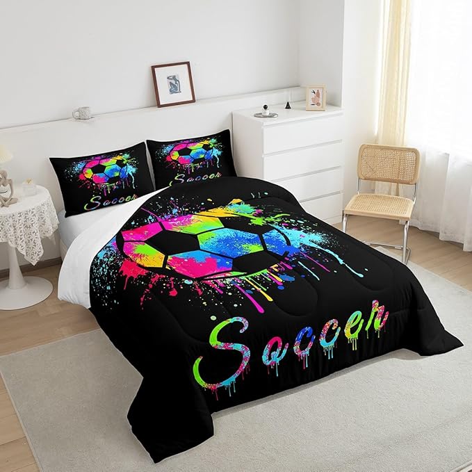 Feelyou Kids Soccer Ball Game Comforter Set King Size Football Bedding Set for Boys Girls Teens Bedroom Decor Rugby Sports Comforter American Football Player Duvet Set with 2 Pillow Case