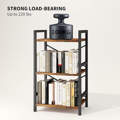 Bookshelf, 3 Tier Industrial Bookcase, Metal Small Bookcase, Rustic Etagere Book Shelf Storage Organizer for Living Room, Bedroom, and Home Office(Rustic Brown) Patent Pending D29873033