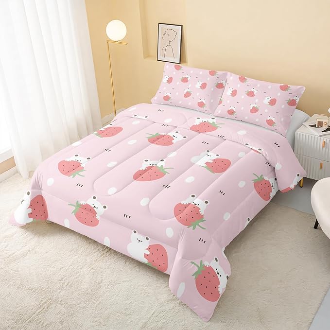 Cartoon Bear Comforter King Size,Pink Strawberry Comforter Set for Kids Teens Girls,3Pcs Bedding Set Printed Comforter with 2 Pillowcases,Down Alternative,Soft and Lightweight，King Size