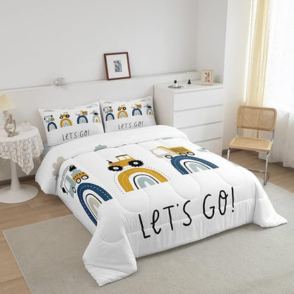 Boys Cartoon Car Comforter Set, Kids Construction Vehicles Comforter for Kids Children Cartoon Rainbow Truck Bedding Set Cute Cars Soft Quilt Set Bedroom Collection 3Pcs Full Size