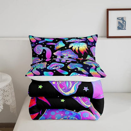 Mushroom Comforter Set King,Kawaii Trippy Botanical Bedding Set Psychedelic Plant Down Comforter for Kids Girls Teens Women Cartoon Cute Mushroom Room Decor Quilt Duvet Set with 2 Pillow Cases Black