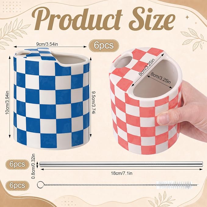 6 Pack Checkered Ceramic Coffee Mug with Sip Hole 10 oz Espresso Cup with Straws Retro Hand Painted Checkered Porcelain Coffee Tea Cup Cappuccino Latte Mug for Kitchen Dining Travel