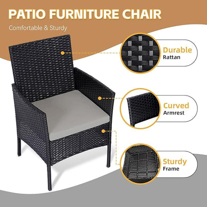 Patio Set 3 Piece Outdoor Rattan Porch Furniture with Tempered Glass Side Table & Cushion All Weather Conversation Bistro Set for Balcony,Deck,Porch (Brown/Beige)