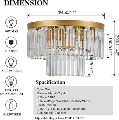 17" 9 Light Gold Crystal Ceiling Light for Dining Room | K9 Crystal, 2 Tier, E12 Base, Adjustable Color Temperature, Flush Mount, for Kitchen Island Living Room Bedroom Entryway