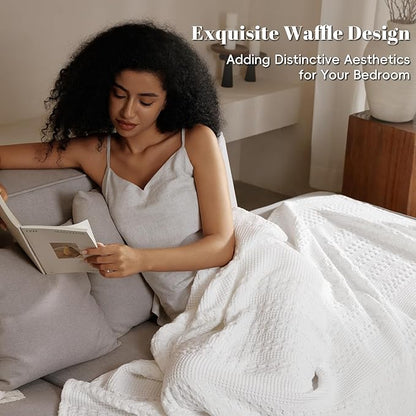 PHF 100% Cotton Waffle Weave Blanket Twin Size, Soft Lightweight Breathable Cozy Summer Blankets for Bed, Luxury Aesthetic Woven Bedding for Home Decor, 66"x90", White