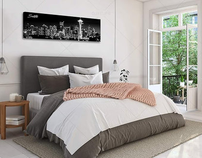 Seattle City Skyline Wall Art Black and White Canvas Prints Panorama Cityscape Picture Night View Painting Poster Modern Artwork Home Decor for Office Living Room - Ready to Hang 13.8" x 47.3"