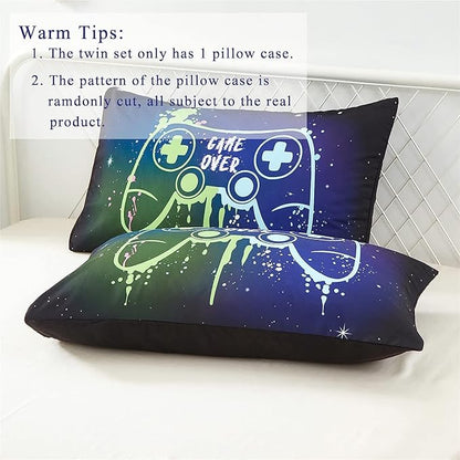 Kids Gaming Bedding Sets Full Size for Boys Teen, 5 Piece Bed in a Bag Gamer Comforter Set with Sheets, 3D Colorful Video Game Controller Comforter, All Season Soft Microfiber Bed Set(Blue,Full)