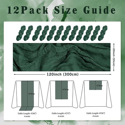 Emerald Green 12 Pack Cheesecloth Table Runner 10FT Boho Fabric Rustic Cheese Cloth Table Runner for Wedding 20 x 120 Inch Long Bridal Shower Baby Shower Gauze Sheer Birthday Party Table Decorations