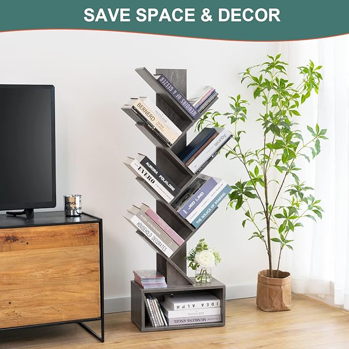 Yoobure Tree Bookshelf - 6 Shelf Retro Floor Standing Bookcase, Tall Wood Book Storage Rack for CDs/Movies/Books, Utility Book Organizer Shelves for Bedroom, Living Room, Home Office, Grey