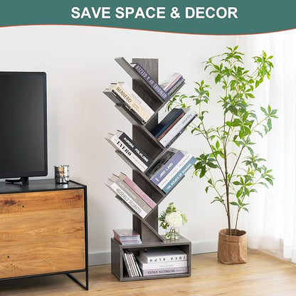 Yoobure Tree Bookshelf - 6 Shelf Retro Floor Standing Bookcase, Tall Wood Book Storage Rack for CDs/Movies/Books, Utility Book Organizer Shelves for Bedroom, Living Room, Home Office, Grey