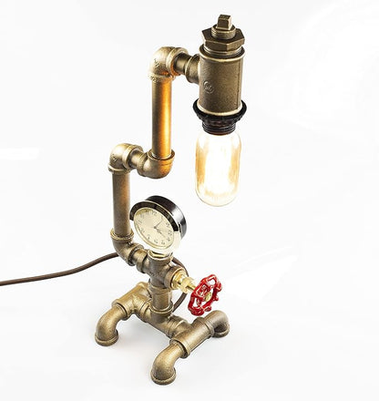 Steampunk Lamp with Dimmer, Dimmable Loft Style Industrial Vintage Antique Style Light with Bulb, Clock with Iron Piping Desk Lamp, Retro Desk Lamp LL-029