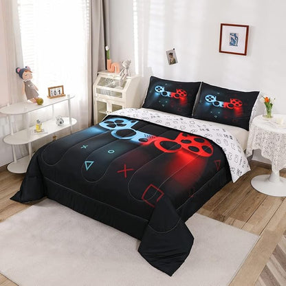 Erosebridal Gaming Comforter Set Twin Size for Boys Kids Game Room Decor Video Game Gamer Comforter Man Teens Bedroom Gamepad Bedding Set All Season,Black Blue Red