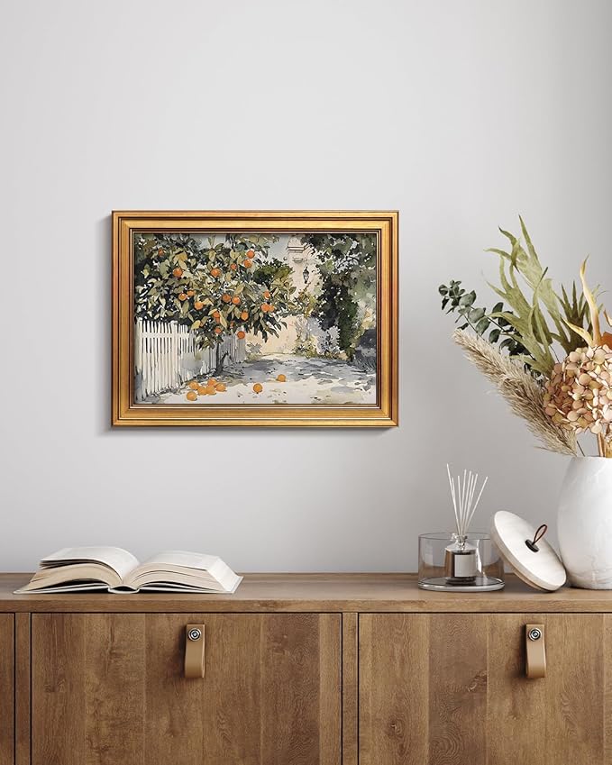 HUARCEY Gold Framed Vintage Wall Art for Living Room Country Orange Trees Earthy Room Decor Aesthetic Oil Painting Wall Picture Farmhouse Canvas Print Artwork for Kitchen Bedroom Bathroom Decor 12x16
