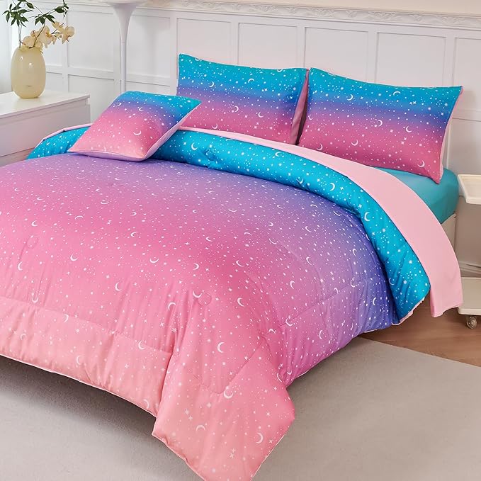 URBONUR Rainbow Comforter Set Queen Size for Teen Girls & Boys Women, Multicolor Moon Printed Bedding Set, 6 Pieces Bed in a Bag, Soft All Season (Rainbow, Queen)