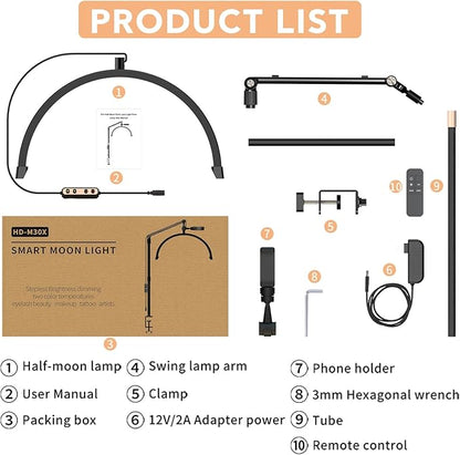 Half Moon Light for Lashes, 22'' Lash Light for Eyelash Tech, Led Half Moon Lash Light Lamp for Eyelash Extensions, Tattoo Artists, Nail Tech, Filming Content Creation
